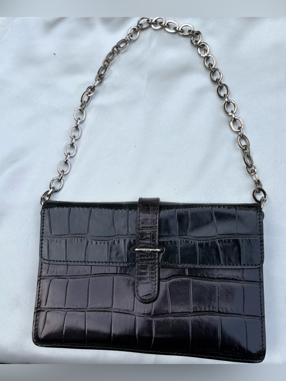 Furla Black Croc-Textured Leather Interior Plate Shoulder Bag
